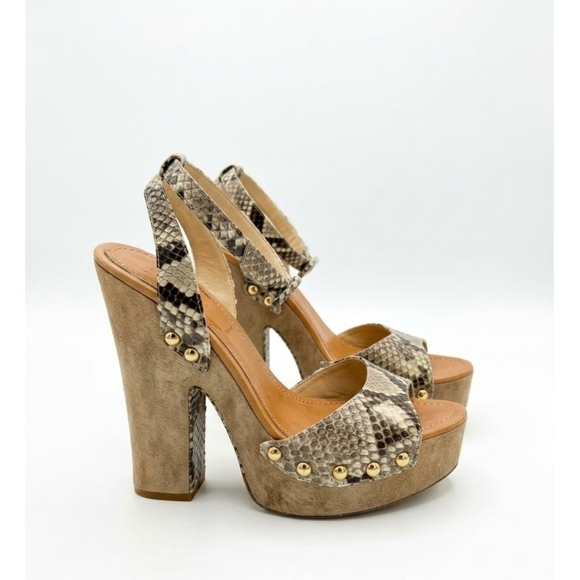Alexandre Birman Shoes - Alexandre Birman Taupe Snake-Print Platform Sandals with Gold Studs